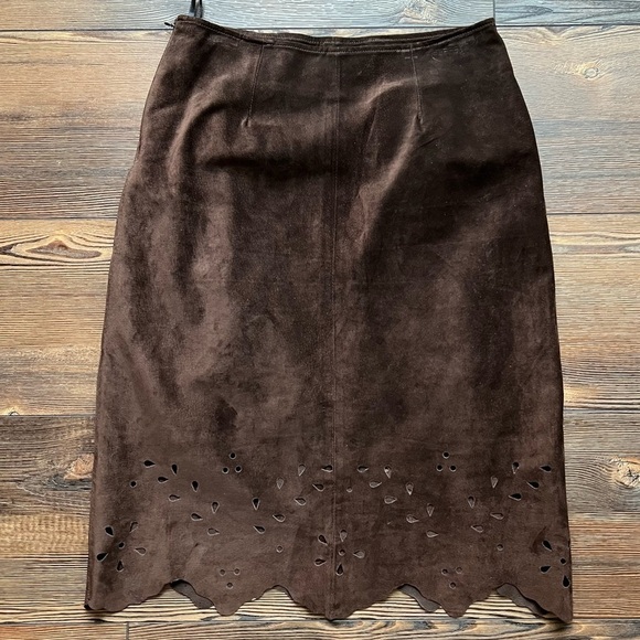 Brown Genuine Suede Leather Knee Length Lined Cutouts Skirt laser Size Medium - Picture 2 of 10